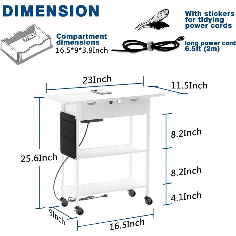 Bedside Nightstand with Wheels, End Table Side Table with 2