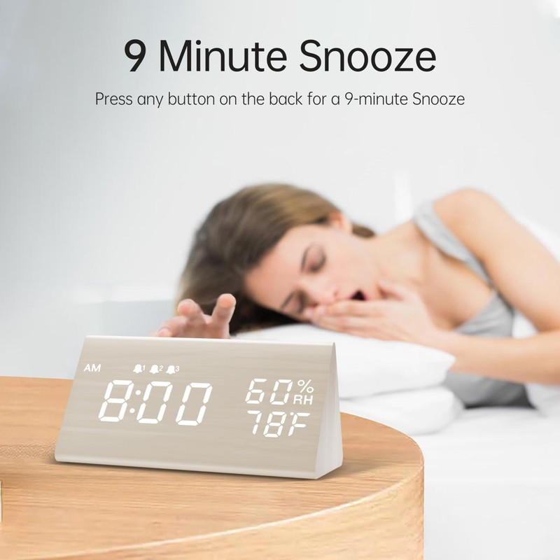 Digital Alarm Clock, with Wooden Electronic LED Time Display, 3