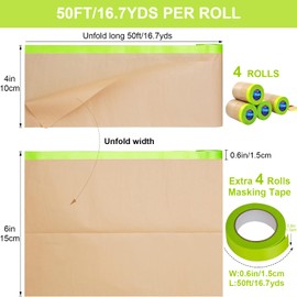 InnoStars 4 Rolls of Kraft Paper Masking Film, 15 cm x 15 m Painter's Masking Tape for Painting, Renovations, Car Paint and Device Protection, with 4 Rolls of Masking Tape