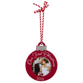 Malden International Designs 3x3 Our First Christmas 2021 Hanging Picture Frame Ornament Red MDF Shaped Wood Red and White Striped Rope Hanger Silver Metal Accent White Silkscreen