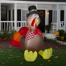 Gemmy Thanksgiving Inflatable Turkey with Checkered Scarf, 6 ft Tall, Multi