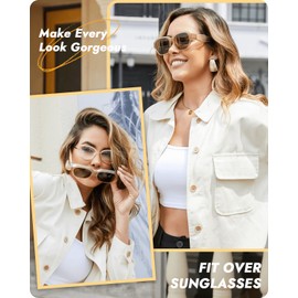 Meeloog Polarized Small Fit Over Glasses Sunglasses for Women, Vintage Retro Rectangle Covers Shades UV Protection MST0064, P1 Black Frame/Dark Grey Lens