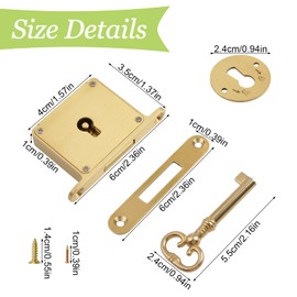 UFURMATE Vintage Lock, 1 Pack Matte Brushed Golden Cabinet Lock Set with Key Retro Desk Drawer Spring Lock Decorative Antique Brass Lock for Drawer, Cupboard, Jewelry Boxes (Center Keyhole)