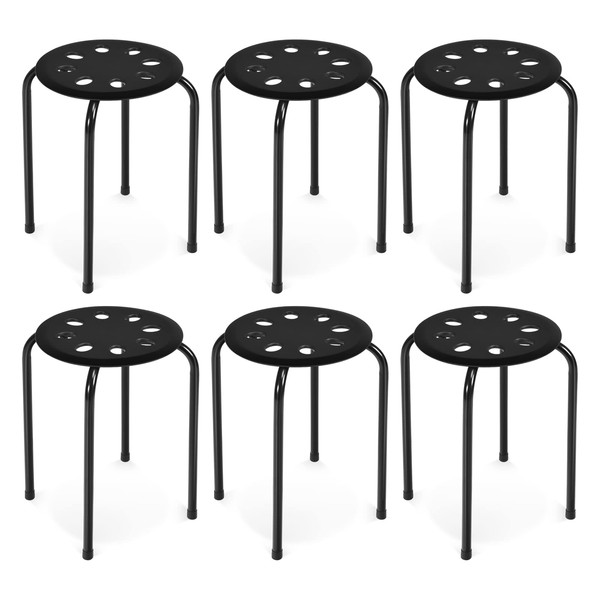 COSTWAY 6-Pack Plastic Stack Stools, 17.5-Inch Portable Stackable Stools with Metal Frame, Backless School Classroom Decoration Stools with Round Top Ideal for Kids Children Students, Black