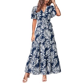 MASCOMODA Womens Summer Boho Maxi Dress Floral Wrap V Neck Flutter Short Sleeve Tie Waist A Line Tiered Flowy Long Dresses(Navy White Flower,X-Large)