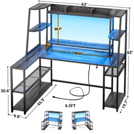 Cyclysio L Shaped Desk, L Shaped Gaming Desk with Led Lights and Charging Station, 63" Gaming Table with Shelves Hutch and Monitor Stand, Grey Oak
