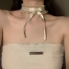 Deelfel Women's Choker, Ribbon, White, Embroidery, Bowknot Choker, Sexy, Elegant,