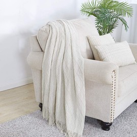BOURINA Textured Solid Soft Sofa Throw Couch Cover Knitted Decorative Blanket,Beige, 127x228cm
