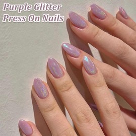 Short Almond False Nails - 24Pcs Purple Glitter Almond Press on Nails Medium - Full Cover Acrylic Fake Nails with Glue - Glossy Stick on nails Gel nails Press on for Women DIY Nail Art