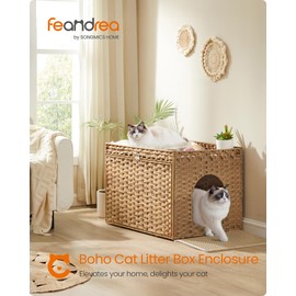 Feandrea Cat Litter Box Enclosure, Handwoven Rattan Hidden Litter Box Furniture with Extra Litter Mat, Removable Washable Tray, Boho Cat House, End Table, Goose Yellow UPCL014K01