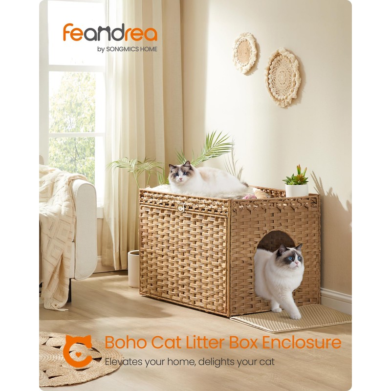 Feandrea Cat Litter Box Enclosure, Handwoven Rattan Hidden Litter Box