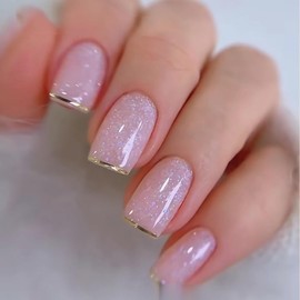 MERVF Press ons Nails Medium Square Gold French Tip Fake Nails Pink Glitter Glue ons Acrylic Nail Solid Color Design Manicure Supplies Glossy 24pcs