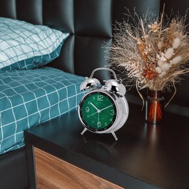 Lafocuse Double Bell Alarm Clock, 16 cm, Analogue, No Ticking, Metal Green Alarm Clock with Large Dial, Silent Bedside Table Clock with Night Light for Bedroom, Office