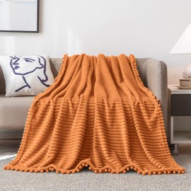 DISSA Fleece Blanket Throw Size – 51x63, Orange – Soft, Plush, Fluffy, Fuzzy, Warm, Cozy – Perfect Throw for Couch, Bed, Sofa - with Pompom Fringe - Flannel Blanket Throw Blanket