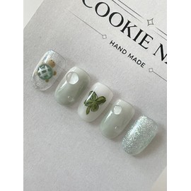 ⭐️ Spring walk with a turtle [Mint Turtle Nail Tips] ⭐️ - Almond / ⭐️ 거북이와 봄산책 [민트 터틀 네일팁] ⭐️ - 아몬드