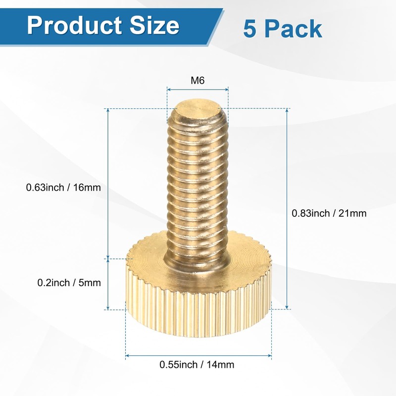 M METERXITY 5-Pack Knurled Thumb Screws, M6x16mm Solid Brass Flat