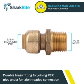 SharkBite 3/8 Inch (1/2 Inch OD) x 1/2 Inch MNPT Reducing Adapter, Push to Connect Brass Plumbing Fitting, PEX Pipe, Copper, CPVC, PE-RT, HDPE, U118LFA