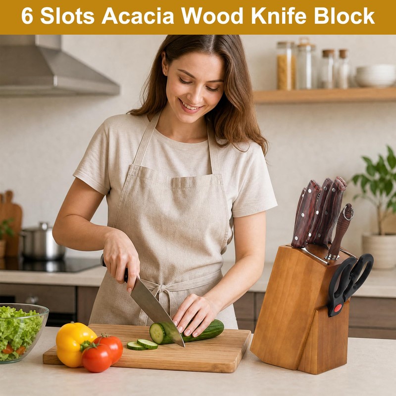 6 Slots Kitchen Knife Holder for Countertop, Brown Kitchen Knife
