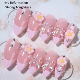 Purple French Press on Nails Medium Almond WLGDLH Summer Fake Nails with 3D Flower Aurora Bows Design Nude False Nails French Tip Nails Gel Acrylic Nails Glossy Glue on Nails for Women 24Pcs