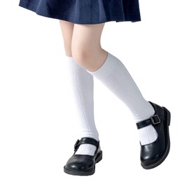 Marchare Girls Knee High Socks Kids School Uniform Seamless Cable Knit Cotton Stockings White 3 Pack 7-10Years