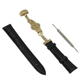 DauStage Black Leather Band, Choose from D Buckle, 4 Colors, Push Type, For Watches, Spring Bar & Spring Bar Remover Included, Buckle Gold, 20 mm