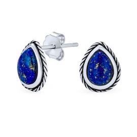 Petite Bali Style Semi Precious Gemstone Birthstones Pear Shape Teardrop Bezel Rope Edged Blue Lapis Lazuli Stud Earrings For Women Oxidized .925 Sterling Silver