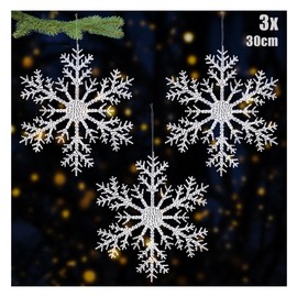 com-four® 3 x large decorative snowflakes pendant, transparent 30 cm snowflake pendant with hanging cord, Christmas tree hanger and Christmas hanger