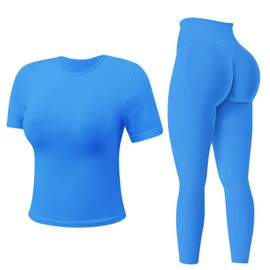 MAYROUND Workout Sets for Women 2 Piece Short Sleeve Tank Top Hidden Scrunch Leggings Gym Set Yoga Outfits Tracksuit