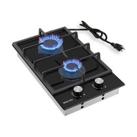 MOCIFI 2 Burner Gas Cooktop, 12 Inch Built-in Propane/LPG/NG Dual Fuel Stove, Black Tempered Glass Hob with Thermocouple Protection & Adjustable Flame, for Apartment, Kitchen, RV