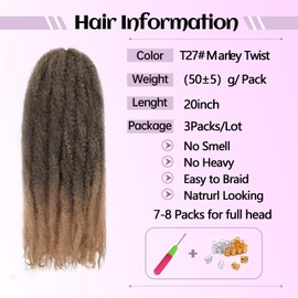 Auxemuen Marley Twist Braiding Hair Senegalese Twsit Hair Cuban Twist Hair Afro Kinky Curly Twist Crochet Hair Synthetic Hair Extensions for Women (T27#, 20 Inch (Pack of 3))