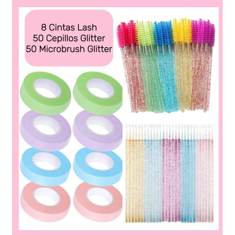100 Microbrush+ 50 Cepillos Glitter+ 8 Cintas Lash Pestañas Rosa