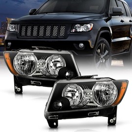 ACANII - For [Halogen Model] 2011-2013 Jeep Grand Cherokee 2011-2017 Compass Black Headlights Headlamps Pair Left+Right