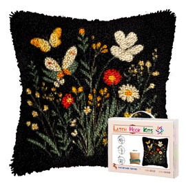 DIY Latch Hook Pillow Kits for Adults Wild Flowers and Butterflies Printed Pillowcase Crochet Yarns Hooking Handmade Pillow Cover Cushion for Home Sofa Decoration 17x17inch-1