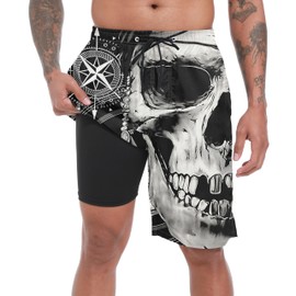 FT FENTENG Mens Swim Trunks with Compression Liner, Pirate Skull Mens Bathing Suit Mens Swimming Trunks 9 Inch Inseam Mens Board Shorts Swimwear, 4 Way Stretch Beach Shorts Quick Dry Swimsuits, M