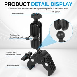 Super Clamp Camera Mount Double Ball Head Magic Arm with 1/4 Inch Threads Universal Mount for Monitor Light Action Camera Compatible with DSLR Tripod Desk Fence