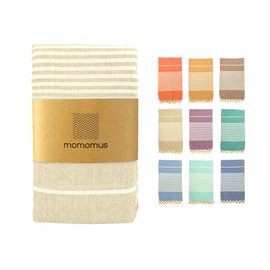 MOMOMUS XXL Beach Fouta, with Fringes and 100% Cotton – Ideal as a Large Anti-Sand Beach Towel, Sand-Free Picnic Blanket, Giant Pareo or Pool Rug – Beige, 210x240 cm