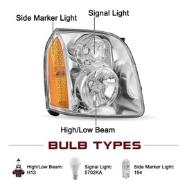JSBOYAT Headlight Assembly Set Fits 2007-2014 GMC Yukon/Yukon XL 2008-2014 GMC Yukon Hybrid OEM Headlamp Pair Driver and Paseenger Side Replacement, Chrome Housing