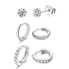 3er Ohrringe Set Für 3 Ohrlöcher Silber 925 Echtsilber - 3mm Zirkonia Ohrstecker - 8mm Huggy Creolen - 9mm Zirkonia Huggie Hoops Ohrringe - 3 Paar Pack Nickelfrei