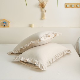 Beige Pillowcases Ruffled Pillow Shams Beige Grey Ruffle Standard/Queen Pillowcases Set of 2 Shabby Chic Pillowcases 2 Pack (Queen (20''x30''), Beige Grey)