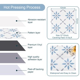 12"x12" Peel and Stick Floor Tile, 1.4mm Waterproof Flooring Self-Adhesive and Removable for Bathroom, Kitchen, 10 Pcs Covering 10 sq.ft. Blue Flower