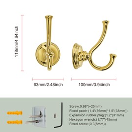 TUNNY Towel Hook Bathroom-2 Pack Shiny Gold（PVD-Gold） Double Robe/Towel Hook Wall Mounted Hook for Bathroom Bedroom Kitchen