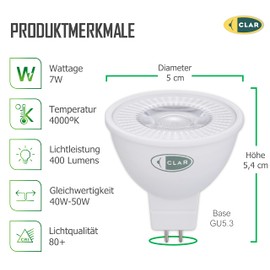 CLAR - GU 5.3 LED, GU5.3 LED, MR16 LED 12 V, LED GU 5.3, LED Halogen Replacement, 12 V LED, LED Spot 12 V, LED GU5.3 Neutral White, LED 12 V GU5.3, 12 V LED Lamp, 7 W 4000ºK (Pack of 10)