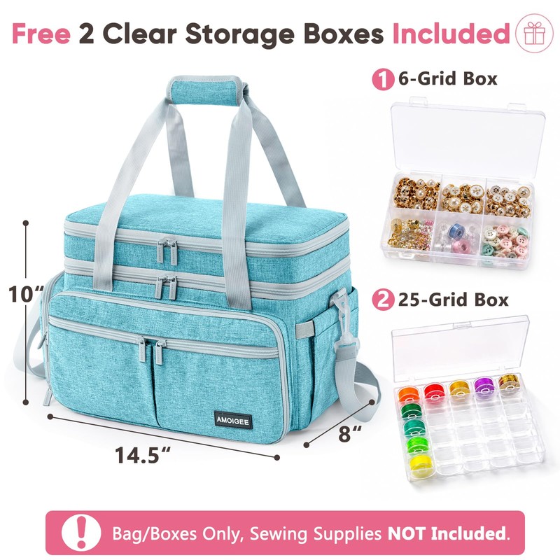 AMOIGEE Sewing Organizer Bag with 2 Clear Storage Boxes, Double