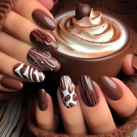 Oval Press on Nails Coffee Fake Nails Cocoa Bean Stick on Nails Stripe Glue on Nails Chocolate False Nails Glossy Acrylic Nails Full Cover Artificial Nails Reusable Nails Kit for Women Girls 24Pcs