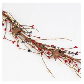 Fourth of July Americana Mixed Red White & Blue Pip Berry & Star Garland - Patriotic Flag Color Berries for Decorating Table Arrangements, Fireplace Mantel, and More (Size - 48" Long)