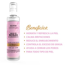 BLOOM BOTANICALS Agua de Rosas con Hamamelis - Tónico Facial Hidratante y Refrescante para Rostro y Piel - Ideal para Cuidado de la Piel y Aromaterapia - 125 ml