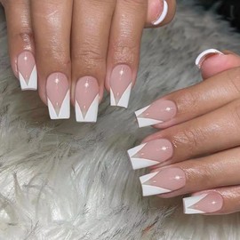 Hadcess Coffin French False Nails Short Glossy Press on Nails Ballerina White Acrylic Art Fake Nails Stick on Nails 24Pcs for Women and Girls