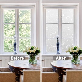 LEMON CLOUD Window Privacy Film, No-Adhesive Static Decorative Window Film, Frosted Stained Glass Window Cling Vine Design (23.6 x 157.4 Inch, White Leaf)