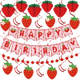 Strawberry Birthday Party Decorations Strawberries Happy Birthday Banner Honeycomb Balls and Hanging Swirls Strawberries Paper Banner Set for Strawberry Theme Birthdays Party Supplies