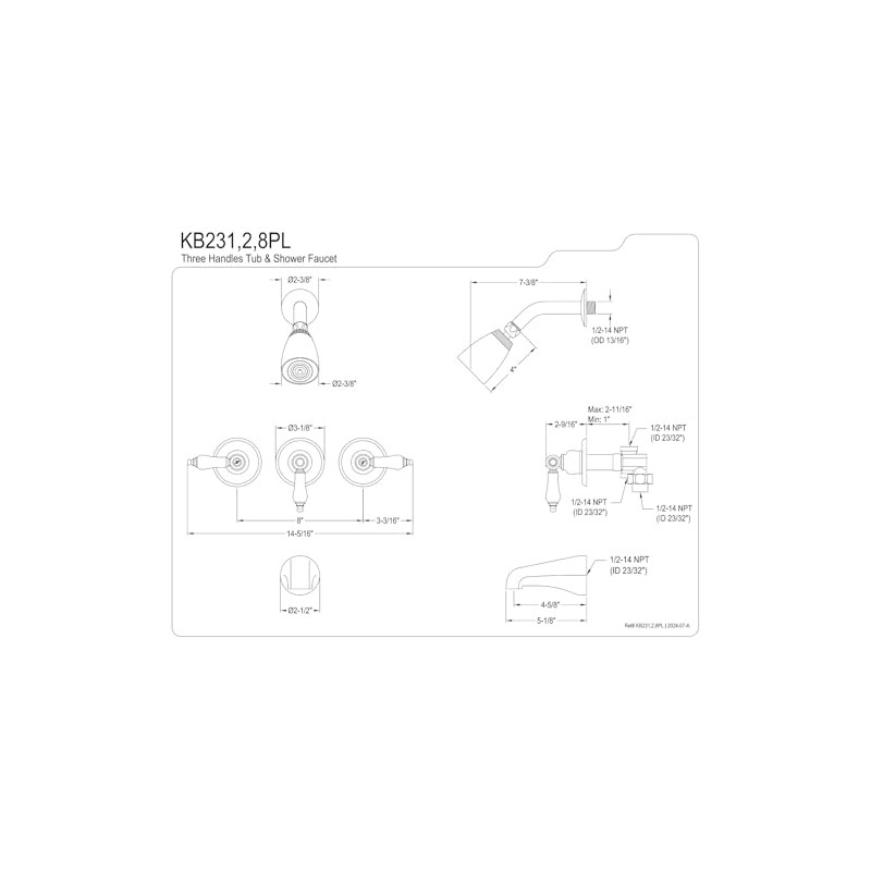 Kingston Brass KB231PL Tub and Shower Faucet with 3-Porcelain Lever